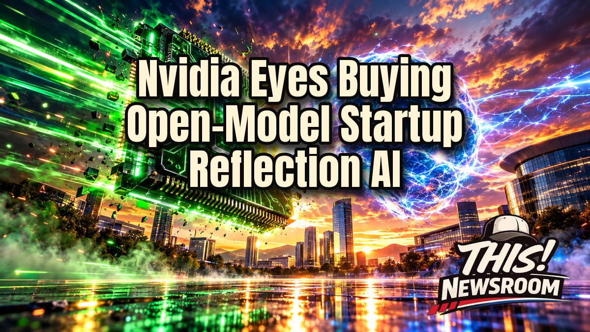 Nvidia Reflection AI deal concept: a glowing green chip and a blue AI neural core facing off over a neon city skyline at dusk