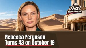 Rebecca Ferguson, an October 19 birthday star, shown in a sepia and ivory editorial portrait with a cinematic desert scene behind her