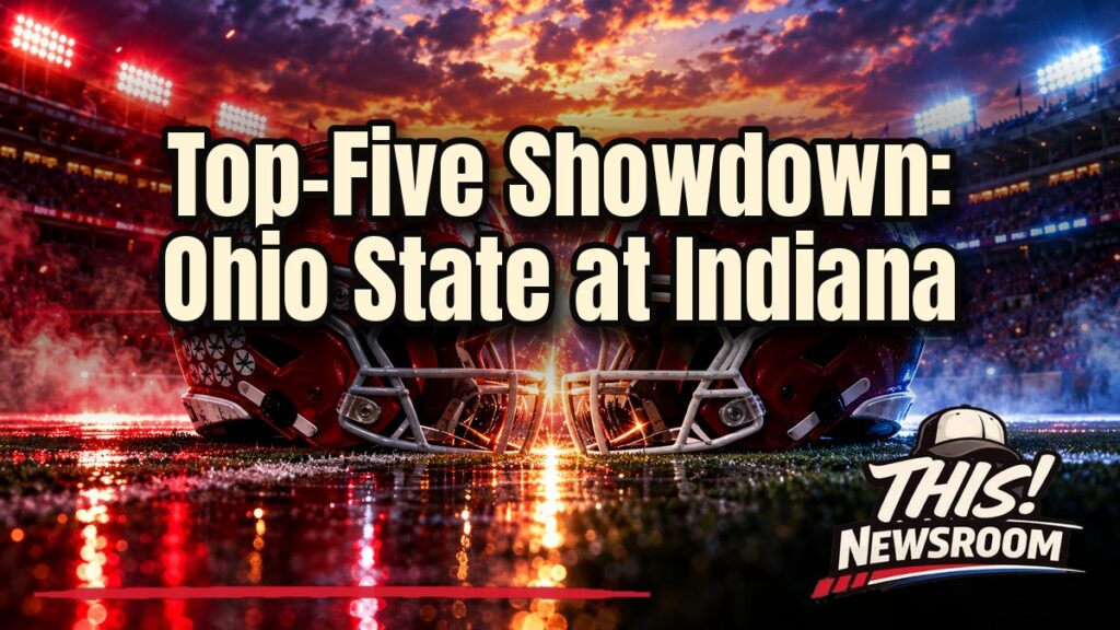 Ohio State vs. Indiana top-five showdown at Memorial Stadium under a dramatic sunset sky