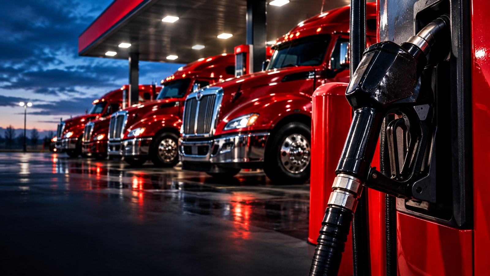 Diesel pump nozzle in the foreground with semi-trucks lined up at a truck stop fuel island