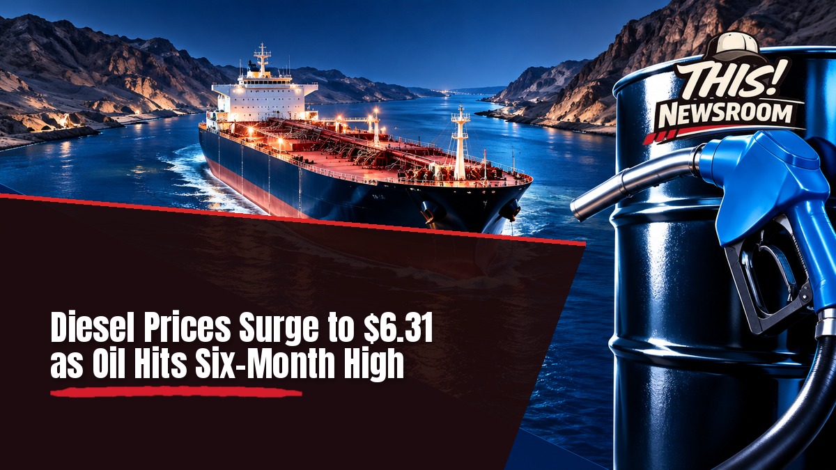 Bold illustration of an oil barrel and fuel nozzle against a midnight-blue sky, showing oil prices near a six-month high