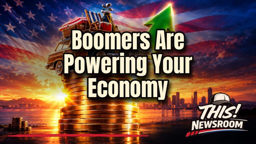 Older Americans' wealth shown as a glowing stack of gold coins lifting a shopping cart over a US skyline at sunset