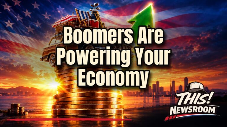 Older Americans' wealth shown as a glowing stack of gold coins lifting a shopping cart over a US skyline at sunset