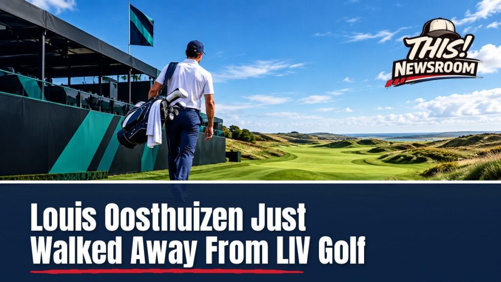 Illustration of a golfer walking off a LIV Golf course toward the European tour, Oosthuizen LIV Golf exit