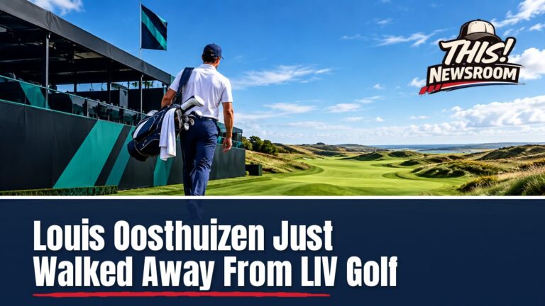 Illustration of a golfer walking off a LIV Golf course toward the European tour, Oosthuizen LIV Golf exit