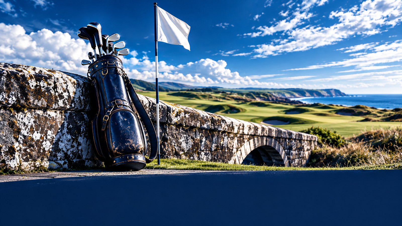 Stone bridge on a links golf course at St Andrews under clear daylight
