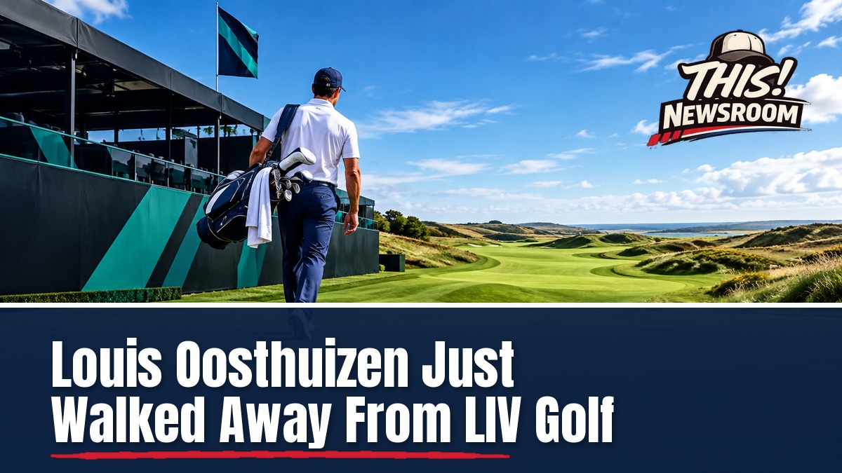 Illustration of a golfer walking off a LIV Golf course toward the European tour, Oosthuizen LIV Golf exit