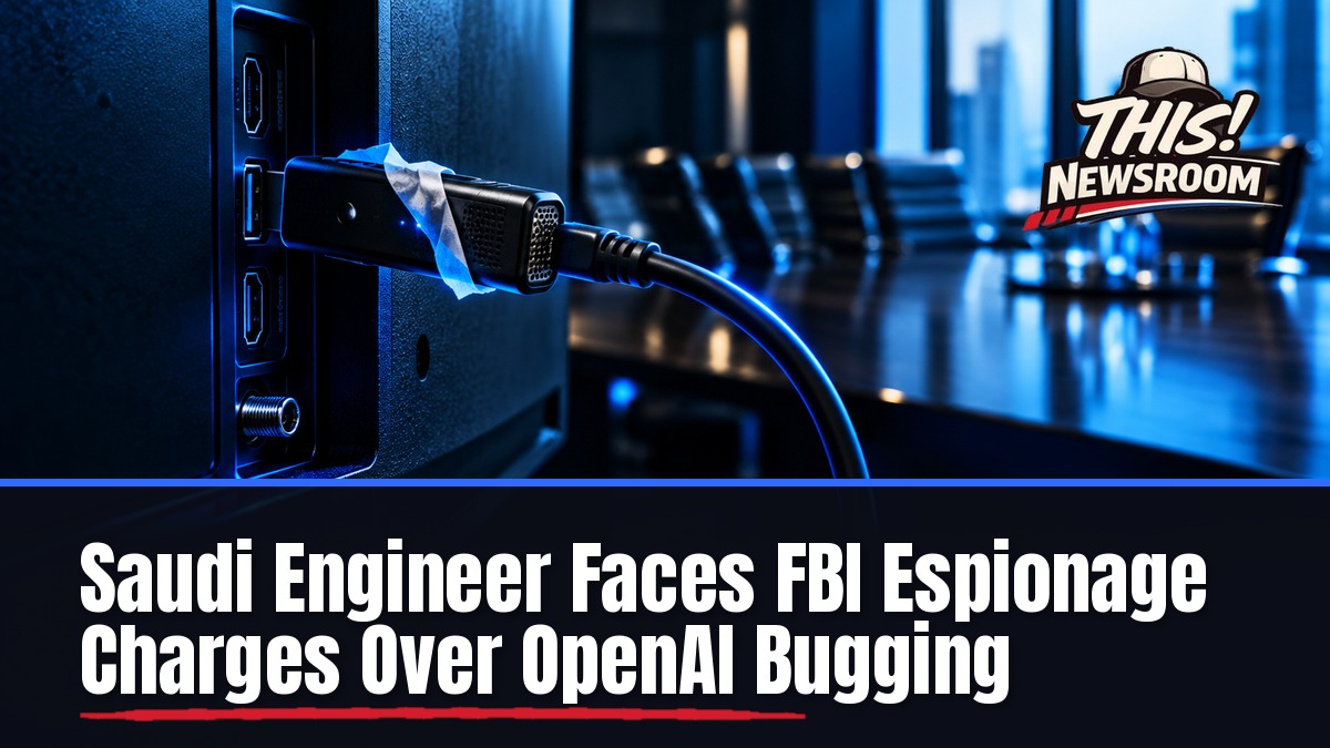 Glowing blue data cube and a hidden microphone on a dark desk, illustrating the OpenAI espionage case
