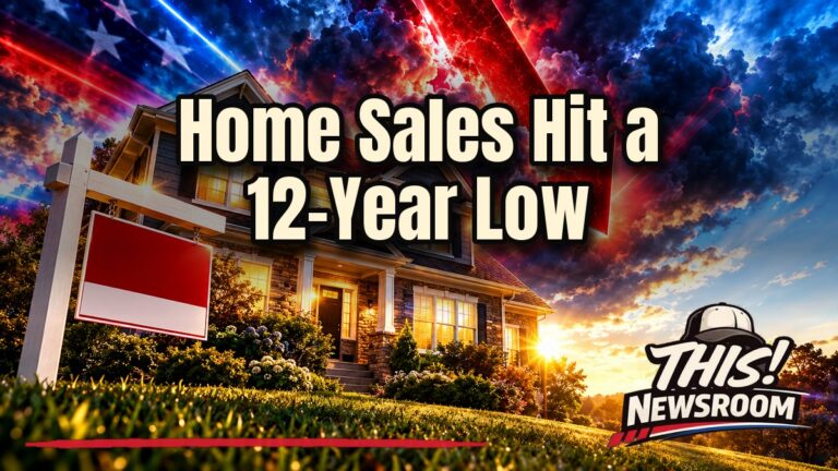 Row of suburban homes with For Sale signs under a stormy sunset sky, illustrating pending home sales falling to a 12-year low