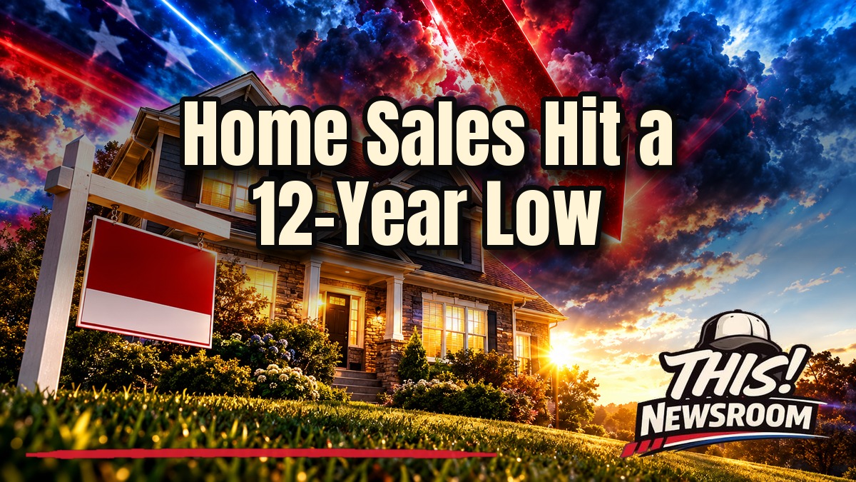 Row of suburban homes with For Sale signs under a stormy sunset sky, illustrating pending home sales falling to a 12-year low