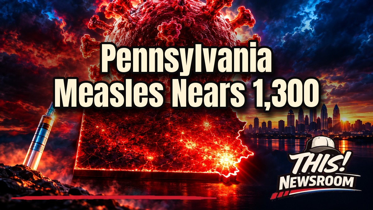 Pennsylvania measles outbreak shown as a glowing virus over a map of the state with a syringe and rising case chart