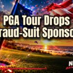 PGA Tour sponsor fraud story shown as a golf green with a private jet and a cracked PGA Tour flag at sunset