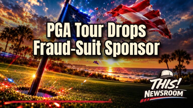PGA Tour sponsor fraud story shown as a golf green with a private jet and a cracked PGA Tour flag at sunset