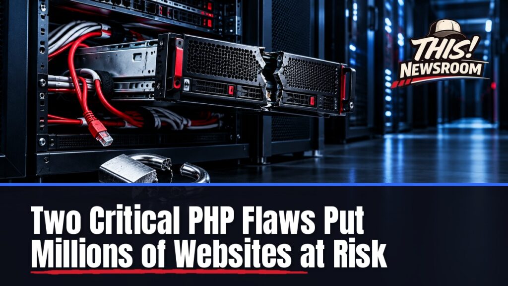 Server rack with a glowing red security vulnerability, illustrating the PHP security patch for two critical flaws