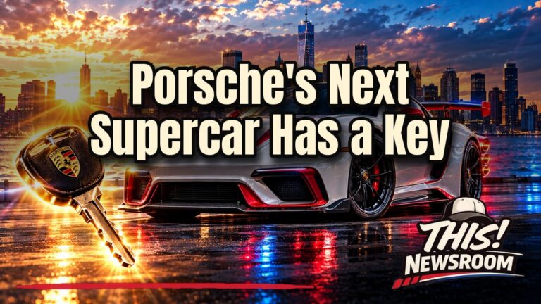 Porsche Mission S supercar concept on a New York pier with the Manhattan skyline at dusk