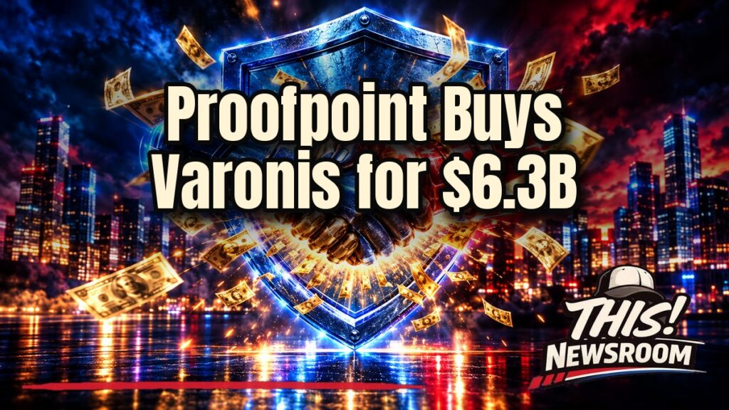 Proofpoint Varonis deal shown as a glowing digital shield and vault holding $6.3 billion in cash over a city skyline