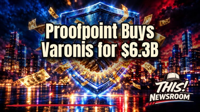 Proofpoint Varonis deal shown as a glowing digital shield and vault holding $6.3 billion in cash over a city skyline