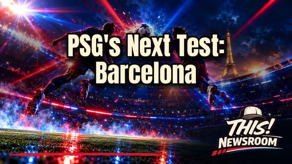 PSG schedule graphic with a Paris Saint-Germain scarf and the Parc des Princes at dusk under red and blue stadium lights