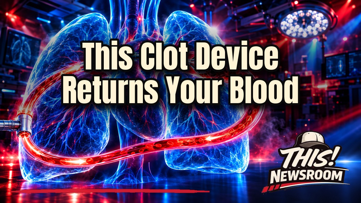 Illustration of a pulmonary embolism thrombectomy catheter clearing a clot from the lungs, with a glowing red blood-return loop