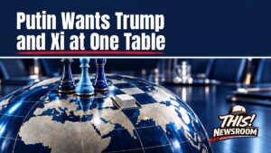 Putin summit with Trump and Xi shown as three chess pieces on a globe-shaped board with an empty Ukraine square