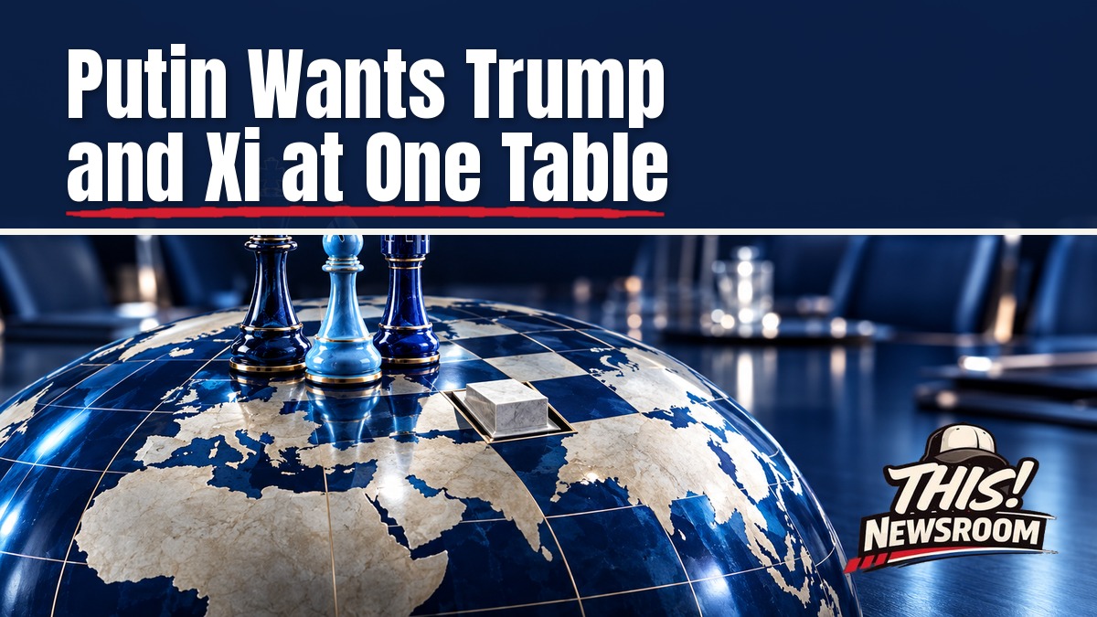 Putin summit with Trump and Xi shown as three chess pieces on a globe-shaped board with an empty Ukraine square