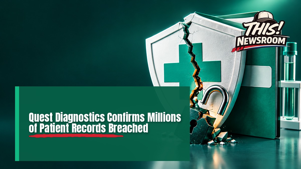 Illustration of a mint-green medical shield and padlock over lab test tubes for the Quest Diagnostics breach