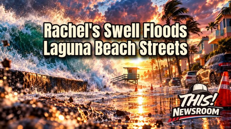 Rachel swell flooding sends a huge wave crashing over a seawall onto a Laguna Beach street at sunset