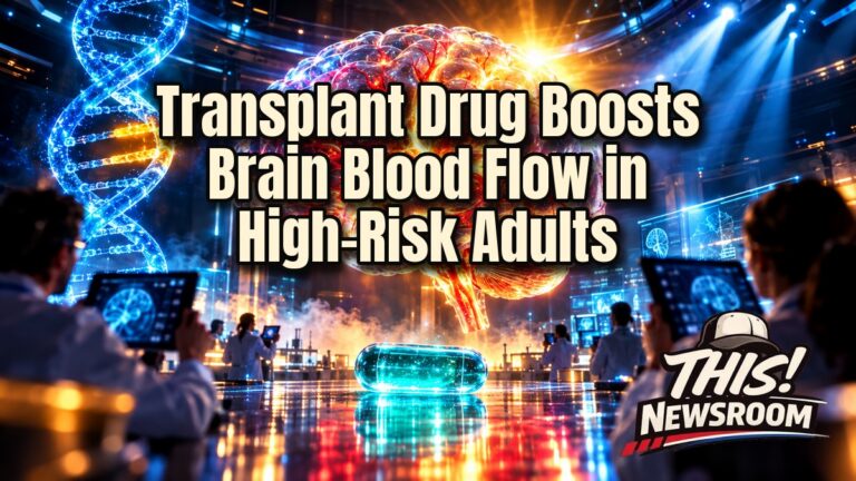 Glowing brain with bright blood-flow pathways in a rapamycin Alzheimer's study illustration