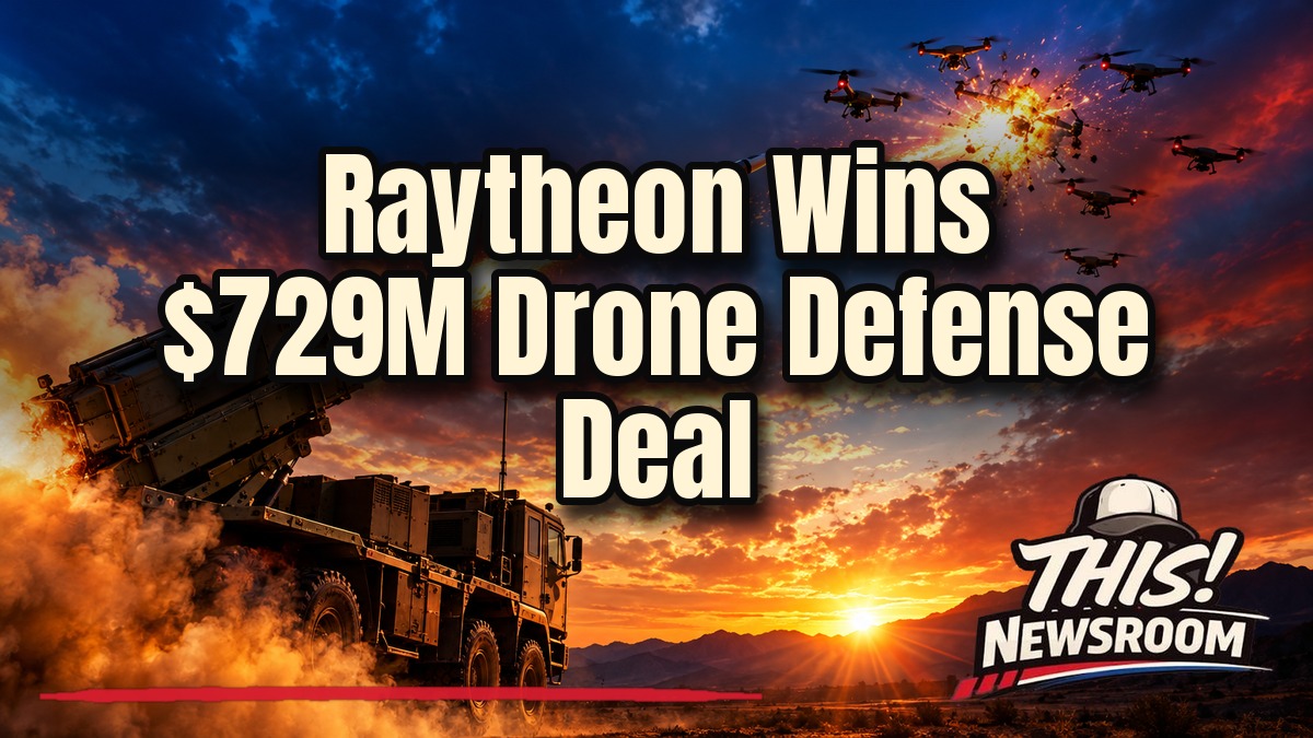Raytheon counter-drone contract shown as a Coyote interceptor launching from a mobile launcher toward drones at sunset