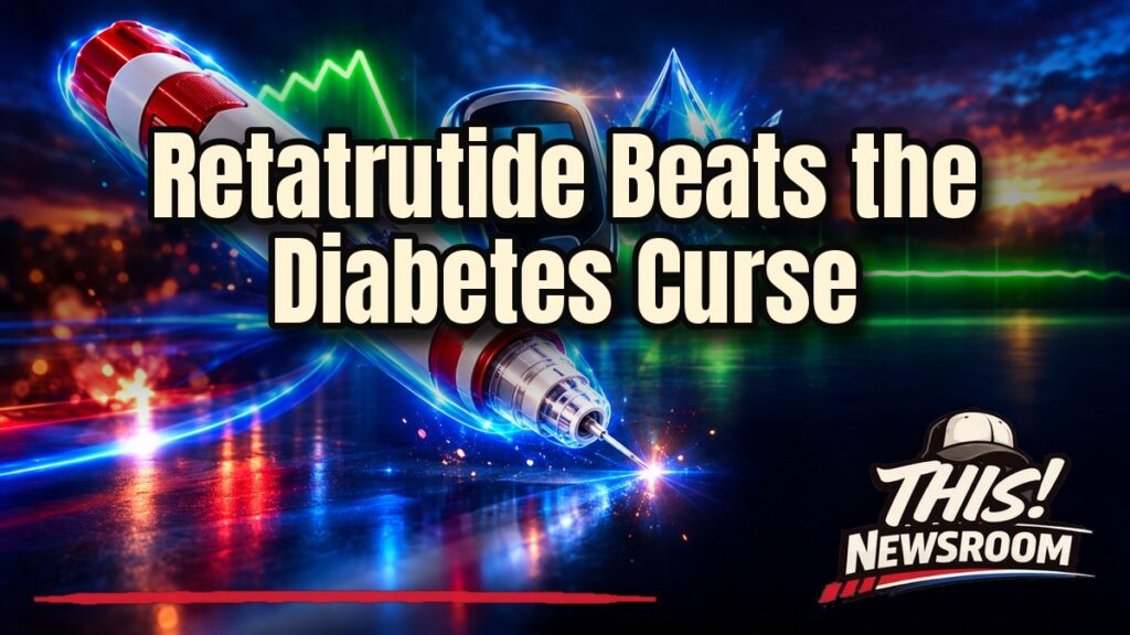 Glowing weekly injection pen over a red and blue retatrutide diabetes weight-loss trial scene with a rising chart arrow