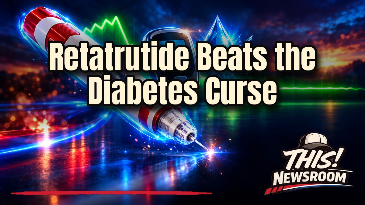 Glowing weekly injection pen over a red and blue retatrutide diabetes weight-loss trial scene with a rising chart arrow