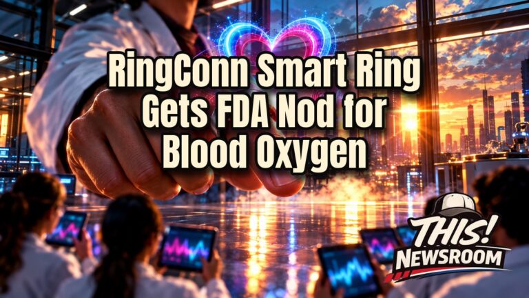 Glowing smart ring on a fingertip showing blood oxygen data, illustrating the RingConn smart ring FDA clearance