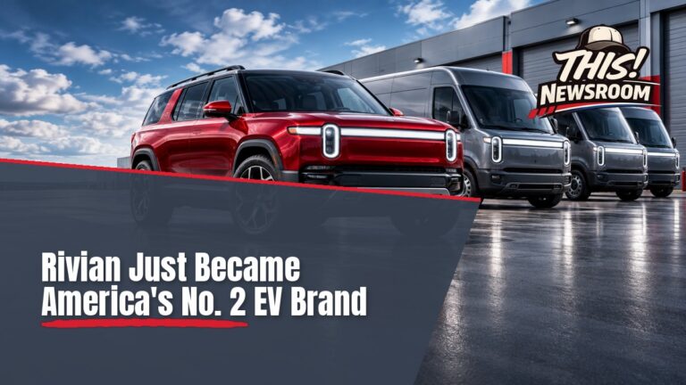Rivian R2 SUV and delivery van parked outside a modern charging station, illustrating Rivian EV sales