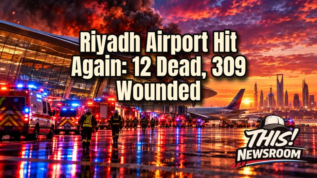 Riyadh airport attack scene with smoke over a damaged King Khalid International Airport terminal at dusk