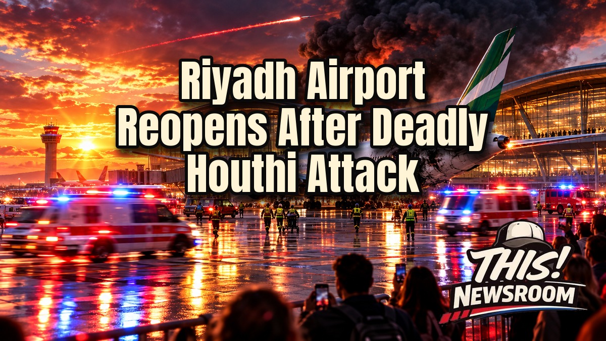 Riyadh airport news: smoke rising over King Khalid International Airport at sunset after the Houthi attack