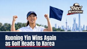 Ruoning Yin celebrating her Buick LPGA Shanghai win on the 18th green at Sheshan Golf Club