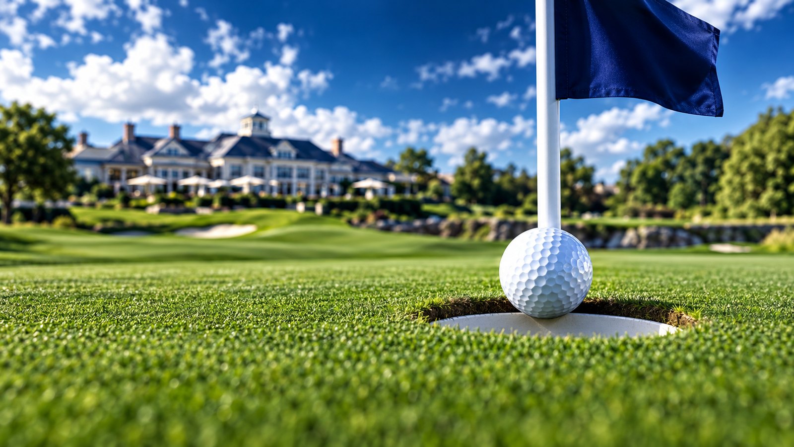 A golf ball at the edge of the cup on a green beside a flagstick under bright daylight