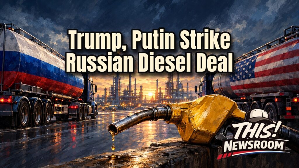 Illustrated portrait of Trump and Putin facing each other over a Russian diesel deal, with fuel tankers behind them