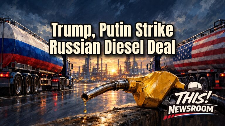 Illustrated portrait of Trump and Putin facing each other over a Russian diesel deal, with fuel tankers behind them
