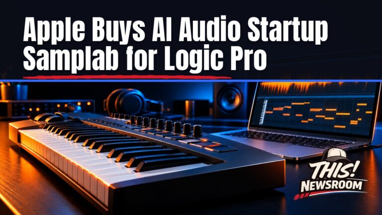 Close-up of a Mac running Logic Pro with an audio waveform turning into MIDI notes, illustrating the Samplab acquisition