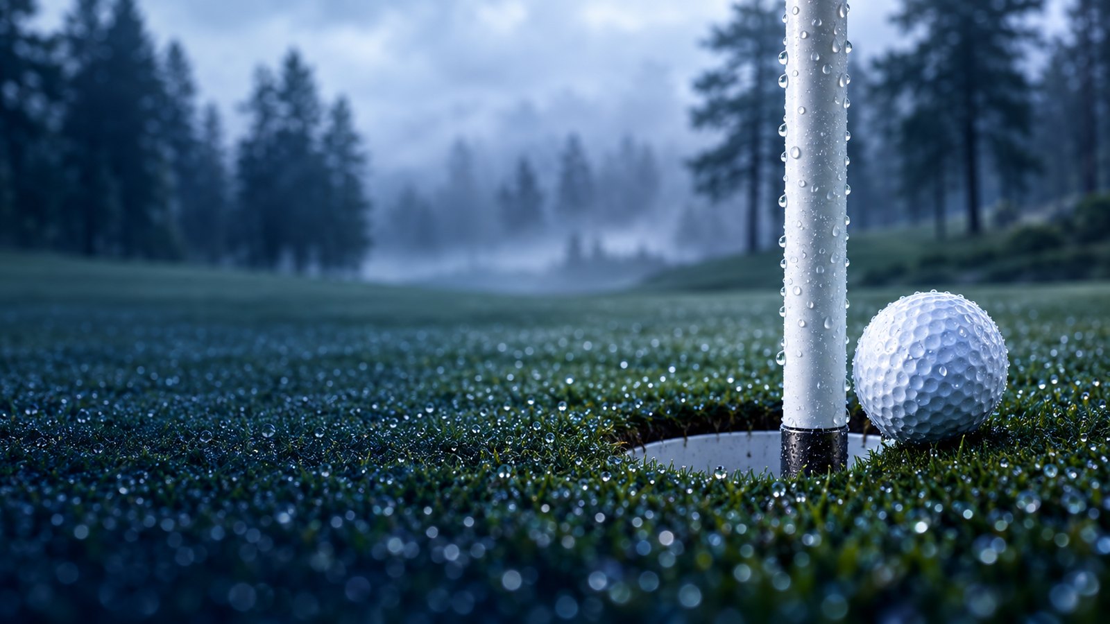 Wet putting green with a white flagstick and golf ball on a cold, misty day among tall pines