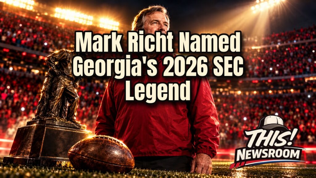 Illustration of Mark Richt in front of Georgia stadium lights marking the SEC Football Legends class