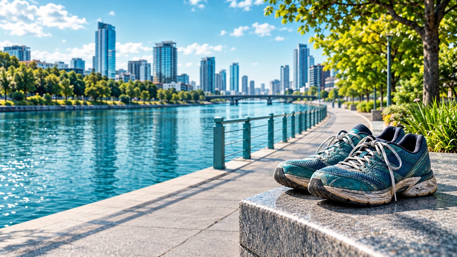 Running shoes on a stone bench beside a quiet teal canal path in bright daylight