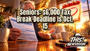 Senior tax deduction concept with a retired couple reviewing tax forms before the October 15 deadline