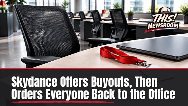 Empty open-plan office desks with a Skydance employee buyout memo on a monitor