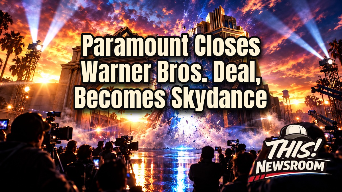 Skydance merger shown as a glowing Hollywood studio gate at sunset with a giant spotlight sweeping the sky