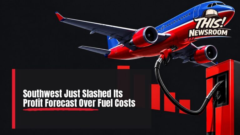 Southwest profit forecast cut shown as a bold red illustration of a jet and a fuel pump over falling bars