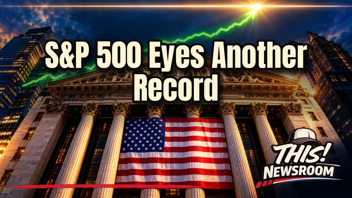 S&P 500 record high shown as a glowing stock chart rising toward a peak over the New York Stock Exchange