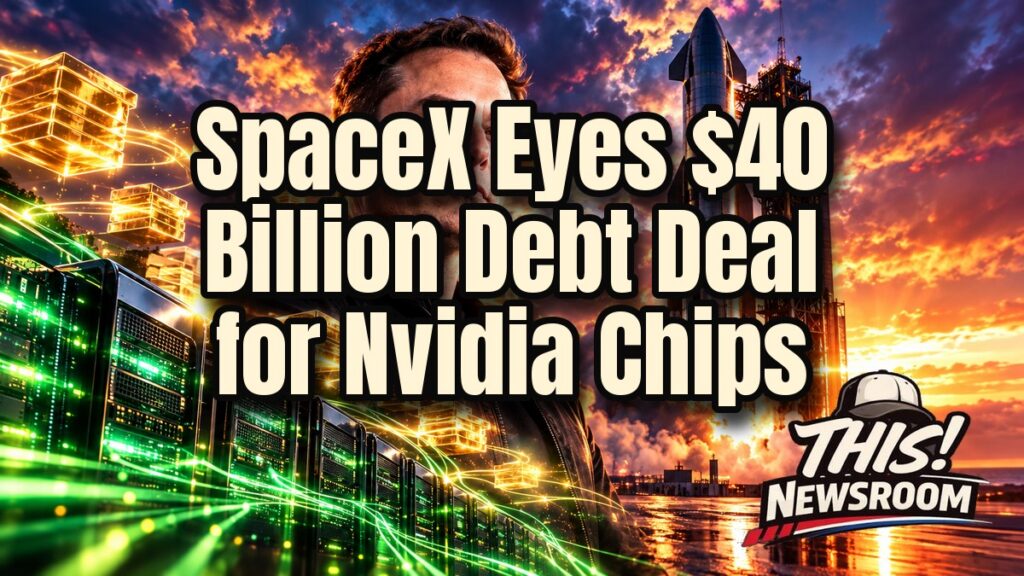 Elon Musk in front of a rocket and glowing Nvidia AI chips representing the SpaceX Nvidia chip financing talks