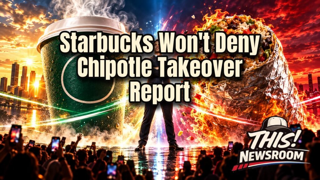 Starbucks Chipotle takeover face-off with Brian Niccol between a coffee cup and a burrito at golden hour